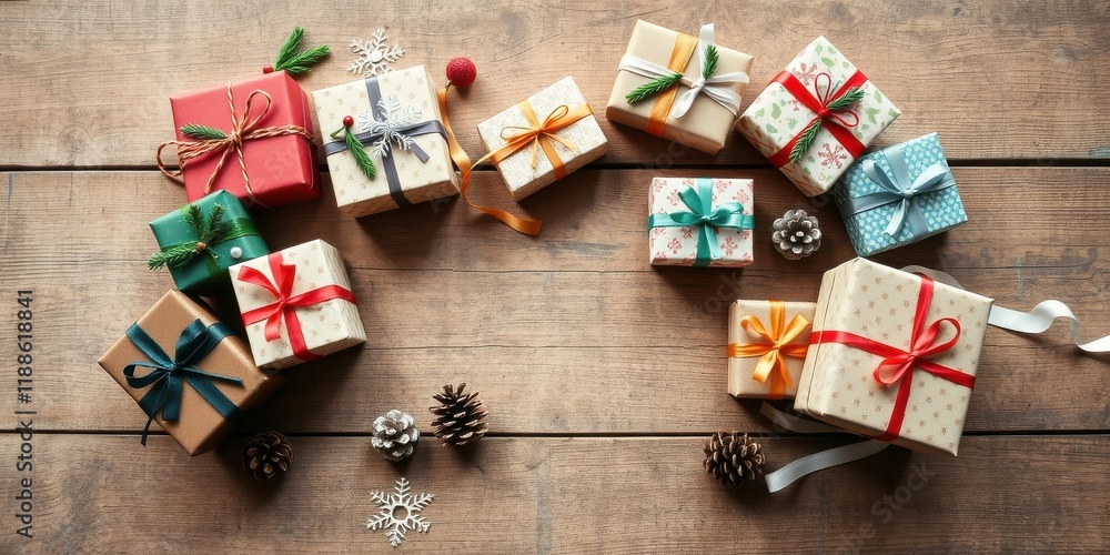 A festive arrangement of wrapped gifts on a rustic wooden surface, adorned with pine cones and snowflakes, creating a celebratory holiday scene. A festive arrangement of wrapped gifts on a rustic wooden surface, adorned with pine cones and snowflakes, creating a celebratory holiday scene.