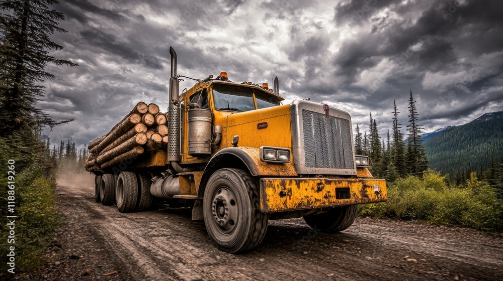 Heavy-duty yellow logging truck transporting timber on a rugged forest road under a dramatic cloudy sky with towering trees in the background Heavy-duty yellow logging truck transporting timber on a rugged forest road under a dramatic cloudy sky with towering trees in the background