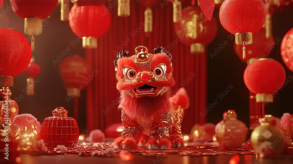 Festive Lion Dance Decorated With Red Lanterns Festive Lion Dance Decorated With Red Lanterns