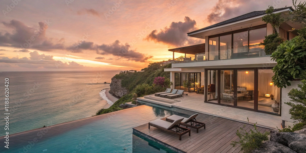 Fototapeta premium Cliffside Property Overlooking Sparkling Azure Waters