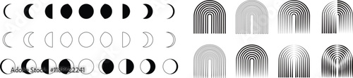 Abstract mid century modern rain bow poster moon phases icon set. Bauhaus style minimal hipster design flat line collection isolated background. Contemporary for wall decoration artwork
