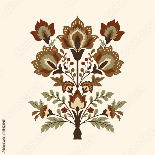 Mughal decorative ornamental floral. Vintage intricate traditional mughal style with flowers and foliage.