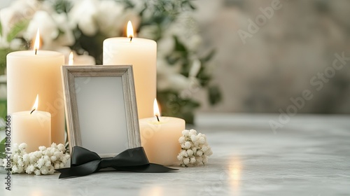 Funeral photo frame with black ribbon, candles and white flowers on grey table with copy space