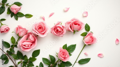 A delicate arrangement of pink roses and leaves on a white background
