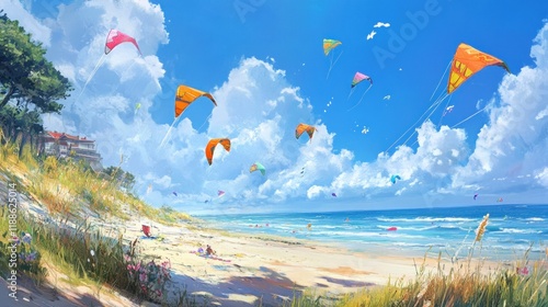 Colorful kites fly above a sunny beach scene with people relaxing on the sand and a building in the distance.