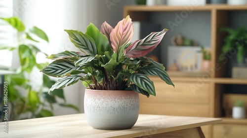 Calathea Ornata Houseplant in a Modern Pot on a Wooden Table