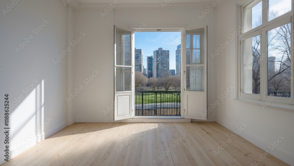 Fototapeta premium Bright spacious room with urban park view
