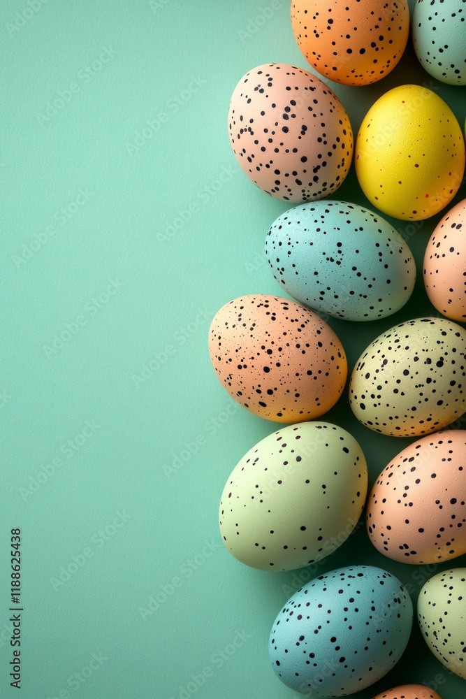 Colorful Speckled Eggs on a Soft Mint Background for Easter Celebrations, Ideal for Minimalist or Festive Designs in Spring Season Colorful Speckled Eggs on a Soft Mint Background for Easter Celebrations, Ideal for Minimalist or Festive Designs in Spring Season