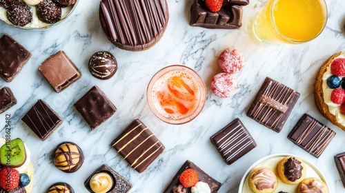 A delectable spread of assorted chocolates, pastries, and refreshing juices, perfectly arranged on a marble surface, creating a visually appealing and tempting array of sweet treats. photo