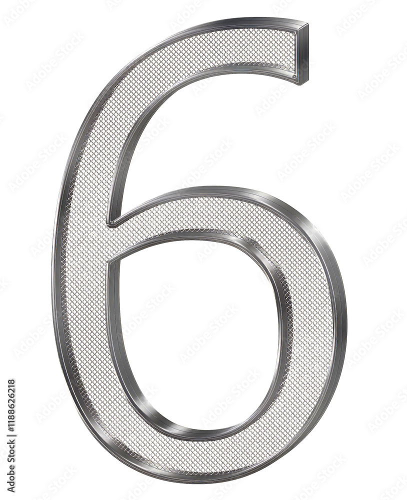 silver chrome number 6. 3D with silver mesh in the middle. silver chrome number 6. 3D with silver mesh in the middle.