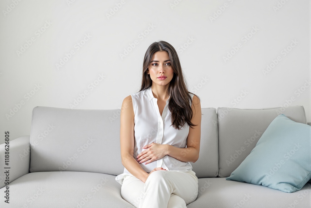 Woman sitting on a light grey sofa, wearing a white sleeveless blouse and white pants, in a minimalistic setting with a blue pillow. Calm concept Woman sitting on a light grey sofa, wearing a white sleeveless blouse and white pants, in a minimalistic setting with a blue pillow. Calm concept