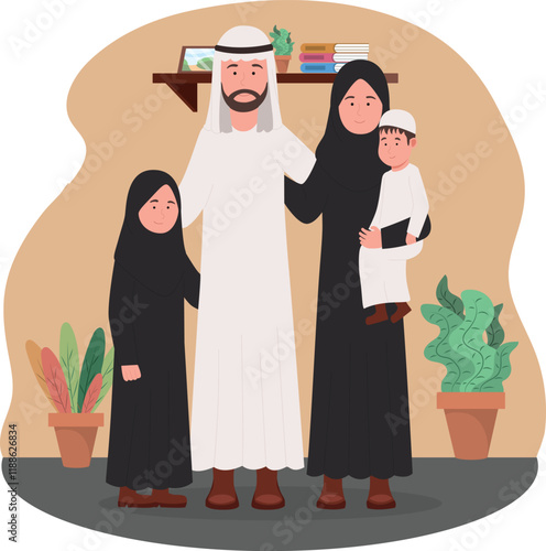 Saudi Arabic happy family parents couple kids and their son, WITH NATIONAL DRESS FLAT DESIGN VECTOR  man wearing traditional dishdash or kandura , the woman wearing the black abaya and shelya, dress