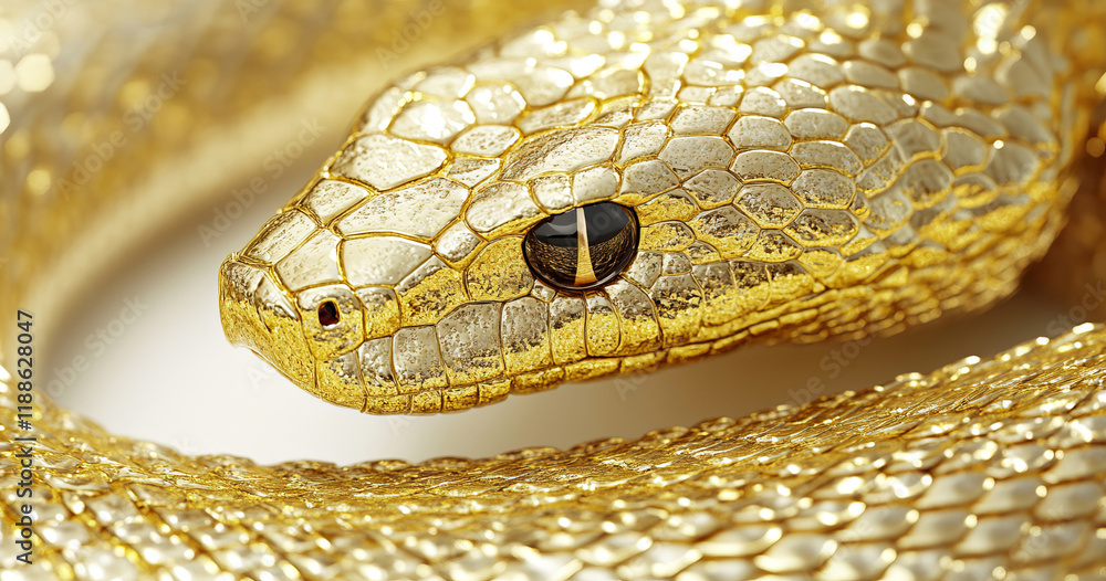 Obraz premium A shimmering golden snake with textured scales and piercing eyes stands out against a white background. The contrast of light and shadow enhances its mysterious allure.