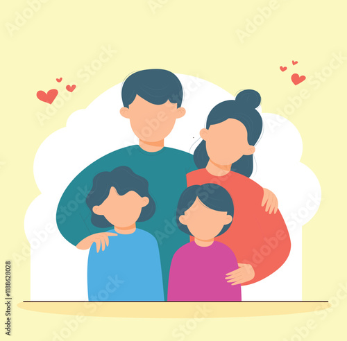 Saudi Arabic happy family parents couple kids and their son, WITH NATIONAL DRESS FLAT DESIGN VECTOR  man wearing traditional dishdash or kandura , the woman wearing the black abaya and shelya, dress