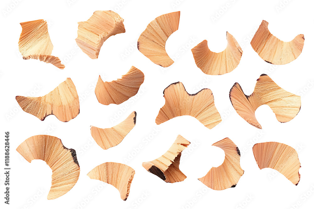 Fototapeta premium Set wooden spiral pencil shavings from sharpener isolated on PNG