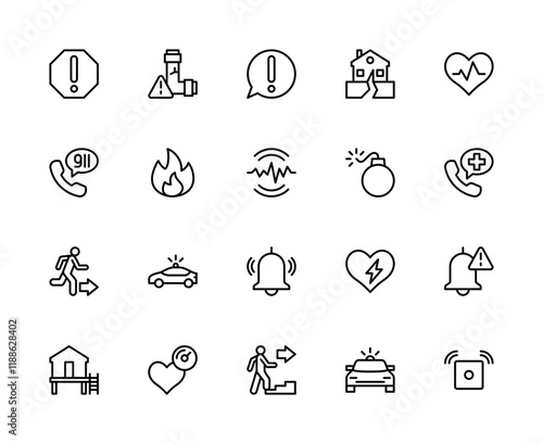 Emergency situation vector linear icons set. Contains such icons as attention, gas leak, bell, earthquake and more.