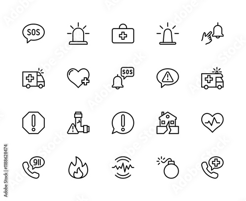 Emergency situation vector linear icons set. Contains such icons as SOS, siren, first aid, hazard alarm and more.