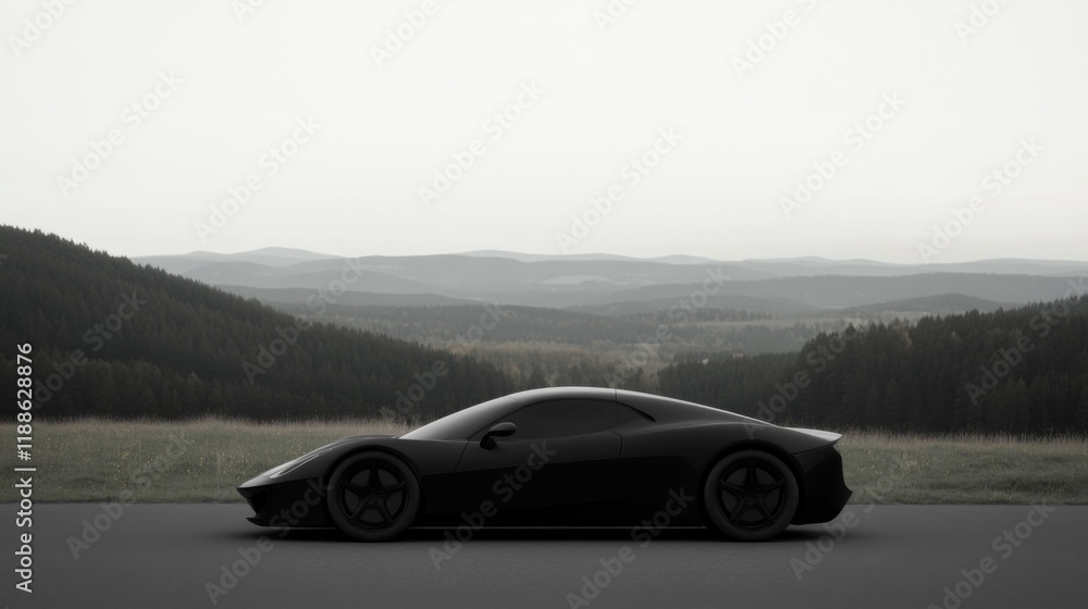 Sleek black sports car on a mountain road overlooking a misty valley. Sleek black sports car on a mountain road overlooking a misty valley.