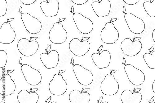Seamless hand-drawn black and white pattern of apples and pears, perfect for coloring books or creative projects.
