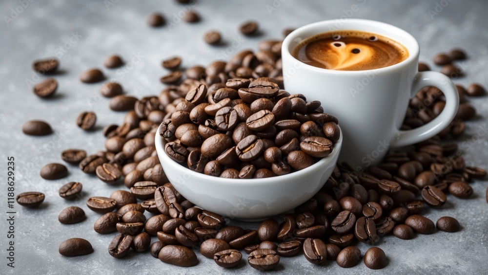 Coffee beans and espresso cup in elegant banner Coffee beans and espresso cup in elegant banner