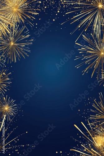 Elegant blue background with golden fireworks border for festive celebrations and special events design