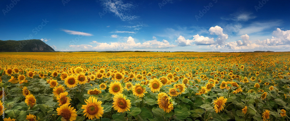 Fototapeta premium 地平線まで続く広大なひまわり畑と青い空（Vast sunflower fields and blue skies stretching to the horizon） 