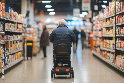 Mature male navigating electric mobility scooter between grocery shelves, independently selecting products with confidence photo