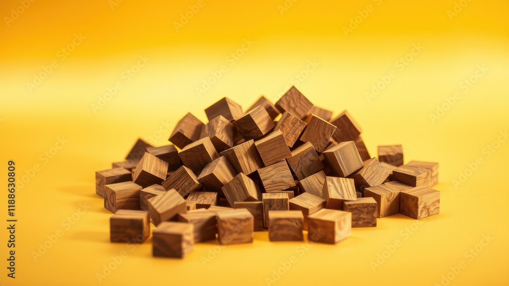 A pile of small, rustic wooden cubes against a vibrant yellow backdrop A pile of small, rustic wooden cubes against a vibrant yellow backdrop