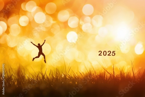 Silhouette of a Person Jumping Against a Bright Sunrise Background for New Beginnings