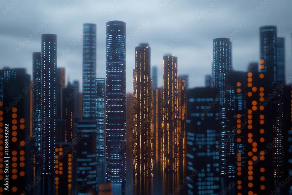 Fototapeta premium Futuristic Cityscape with Glowing Skyscrapers and Dramatic Cloudy Sky at Dusk