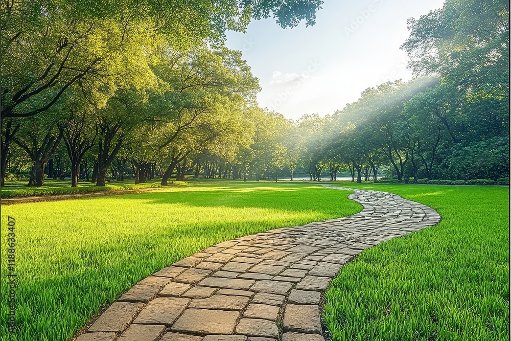 Fototapeta premium Beautiful green lawn with stone path, park landscape under sun rays filtering through clouds, captured with wide - angle lens in natural light.