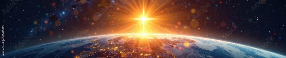 Obraz premium Celestial golden cross radiates over planet Earth , christian, sun
