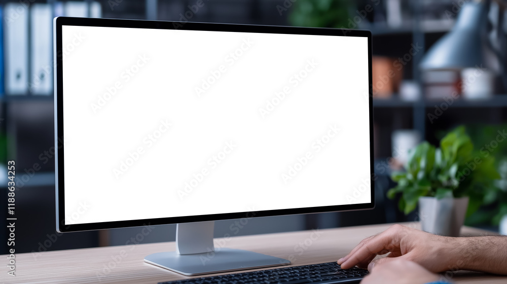 Fototapeta premium Person using a computer with a blank screen in a modern office setting filled with plants and organized shelves