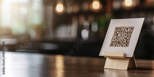 Paper sign with Qr code on the counter of a bar. Modern technology, graphic code for payment or downloading the menu of a restaurant cafe.