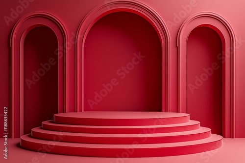 High - Quality 3D Render of Geometric Shape Podium on Red Background with Paper Art Style and Minimalist Composition photo