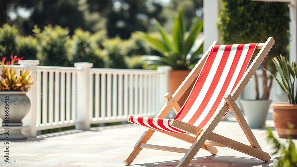Red and White Striped Beach Chair Patio Scene - Bright Colors Red and White Striped Beach Chair Patio Scene - Bright Colors