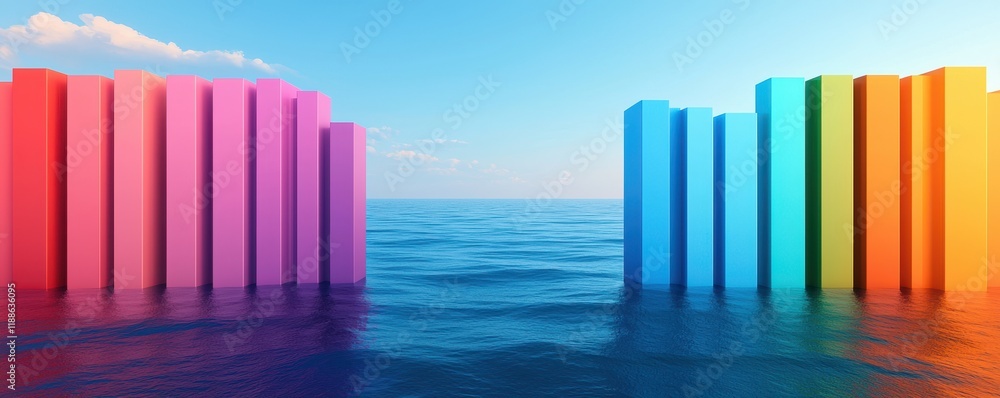 Obraz premium Vibrant Rainbow Color Blocks Rising From Calm Ocean Water Abstract Summer Background