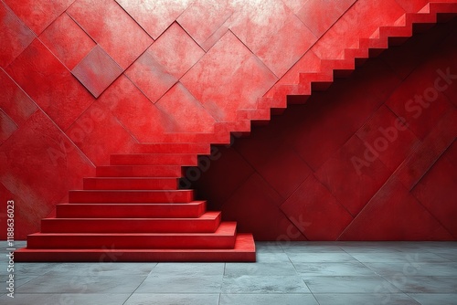 High - Quality 3D Render of Geometric Shape Podium on Red Background with Paper Art Style and Minimalist Composition photo