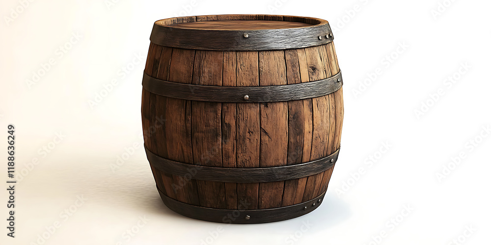 Obraz premium Wooden barrel placed on a large area of white space showcasing the natural wood texture, a design material with high-definition clarity, perfect composition, and amazing details captured with master 