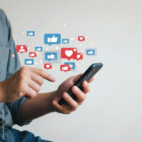 Wallpaper Mural Social media icons, floating holographic notifications, smartphone in hands, digital engagement, likes and followers, blue tones, modern technology, user interaction, social networking concept, glowin Torontodigital.ca