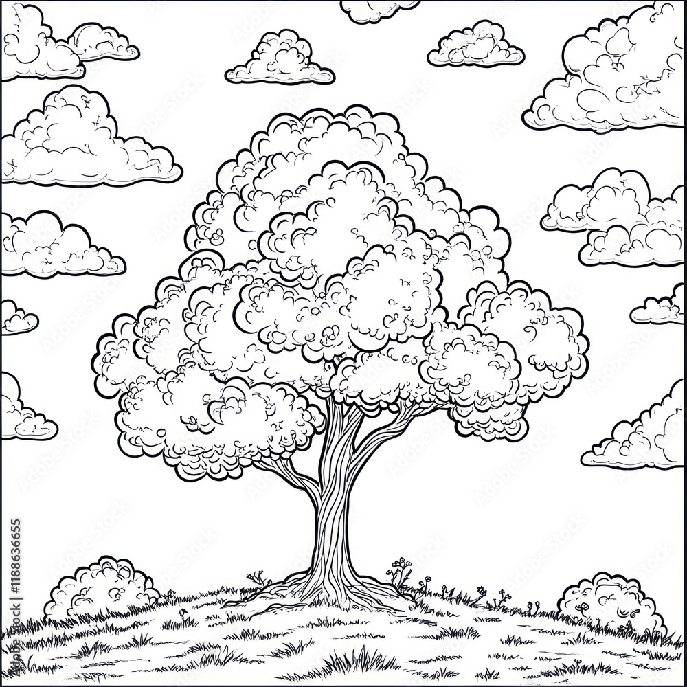 Naklejka premium Lone tree hilltop, cloudy sky, line art, coloring page