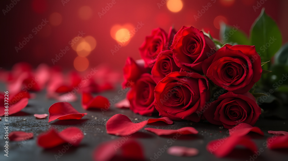 Bouquet of red roses in heart shape on dark surface surrounded by falling heart shaped petals, soft red bokeh background, romance concept, Valentine's Day. Bouquet of red roses in heart shape on dark surface surrounded by falling heart shaped petals, soft red bokeh background, romance concept, Valentine's Day.
