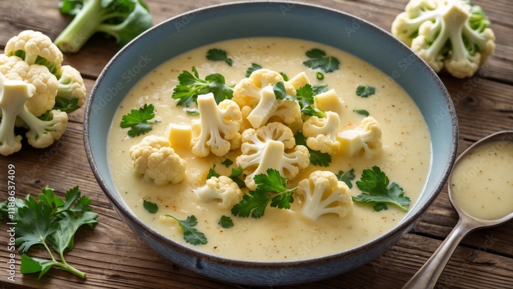 Creamy vegetarian cauliflower cheese soup on rustic wood Creamy vegetarian cauliflower cheese soup on rustic wood