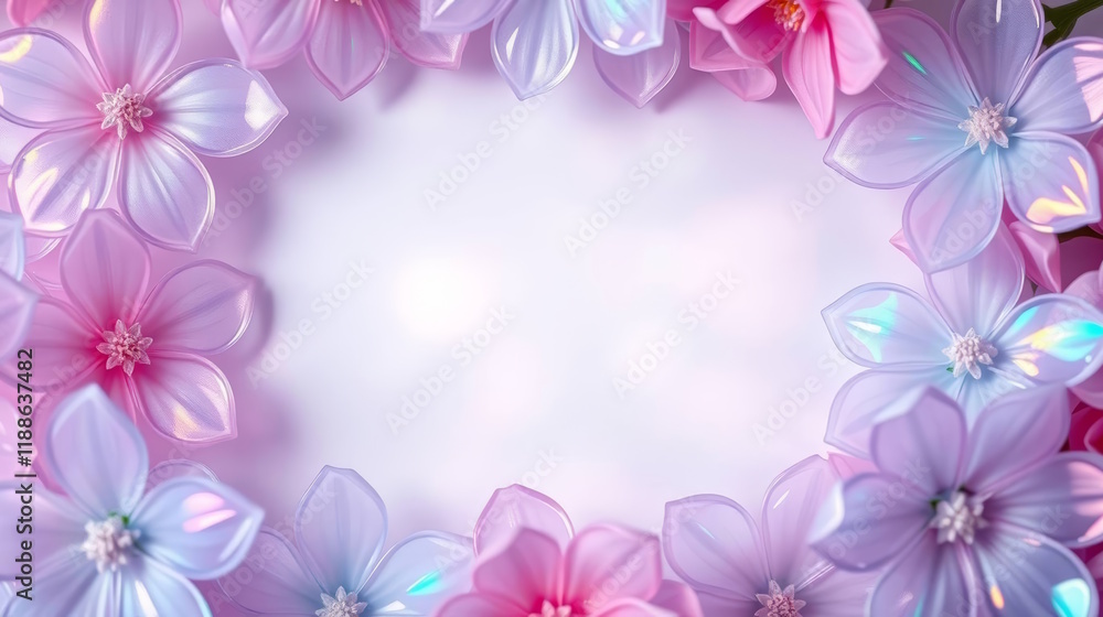 Floral frame with flowers shimmering holographic glares on pastel background, greeting cards, advertising, promotions, flower shops, events, Copy space. Floral frame with flowers shimmering holographic glares on pastel background, greeting cards, advertising, promotions, flower shops, events, Copy space.