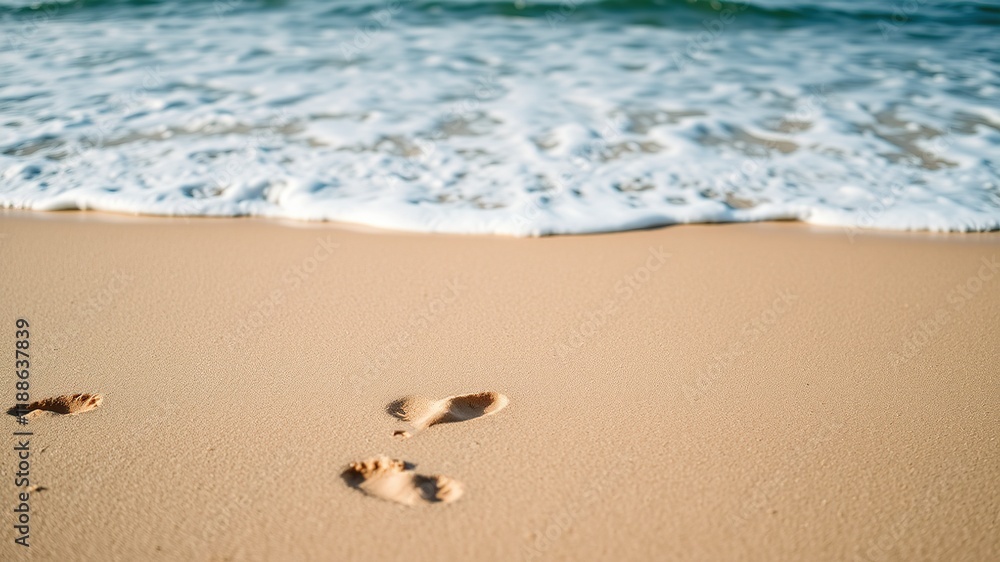 Tranquil Beach Waves, Footprints in Sand, Seashore Serenity Tranquil Beach Waves, Footprints in Sand, Seashore Serenity
