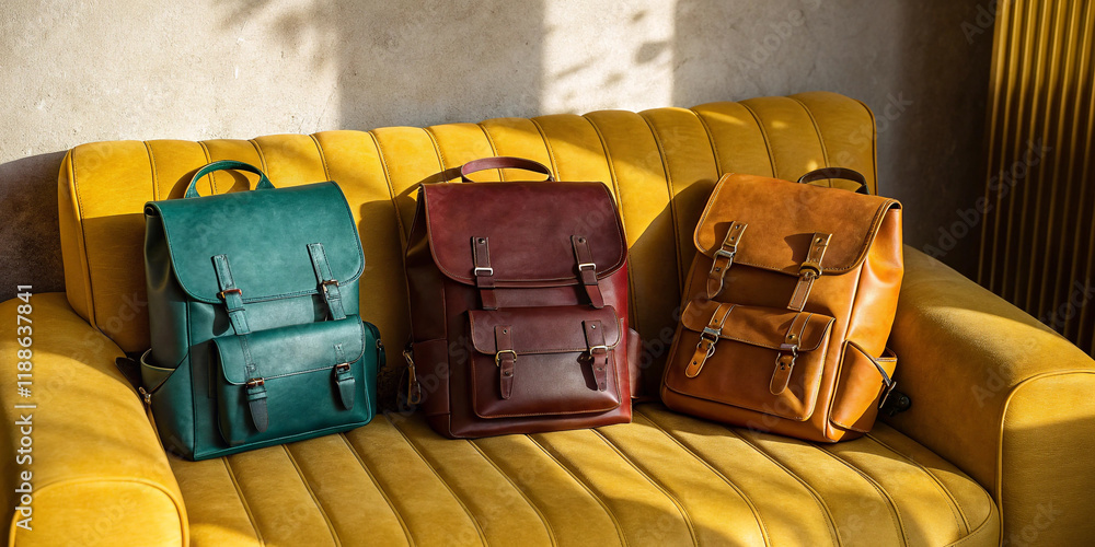 Fototapeta premium A Stylish Display of Three Different Colored Leather Backpacks, Perfect for Fashion Enthusiasts