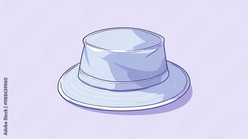 A simple vector illustration of a bucket hat, centered on a pastel lavender background. The hat is pastel blue with soft, rounded edges and a slightly textured band in a lighter pastel shade. A simple vector illustration of a bucket hat, centered on a pastel lavender background. The hat is pastel blue with soft, rounded edges and a slightly textured band in a lighter pastel shade.