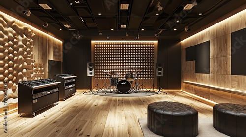 Modern recording studio with drum kit, acoustic panels, and audio equipment.