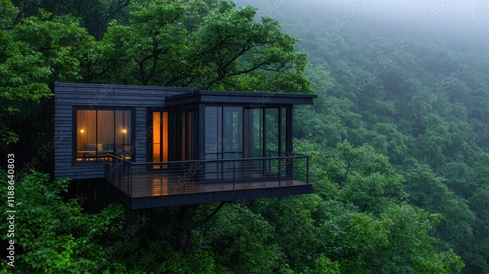 Fototapeta premium Modern Treehouse Cabin in Lush Forest Landscape Rain Nature