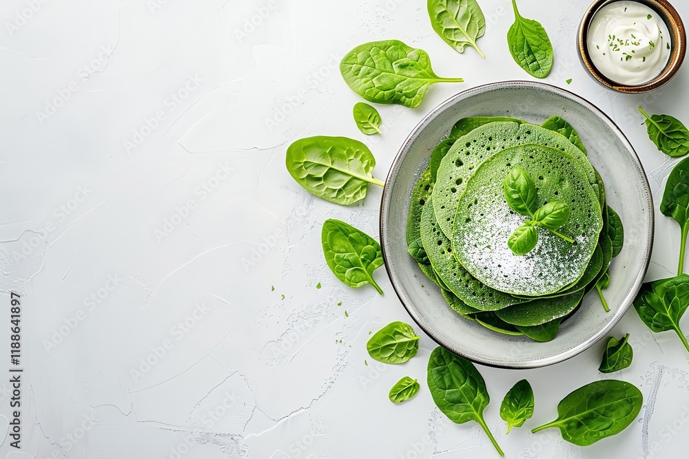 Obraz premium Close-up of Gluten-Free Sour Cream and Spinach Pancakes on a white backdrop featuring lots of empty space for text or background use, Generative AI.